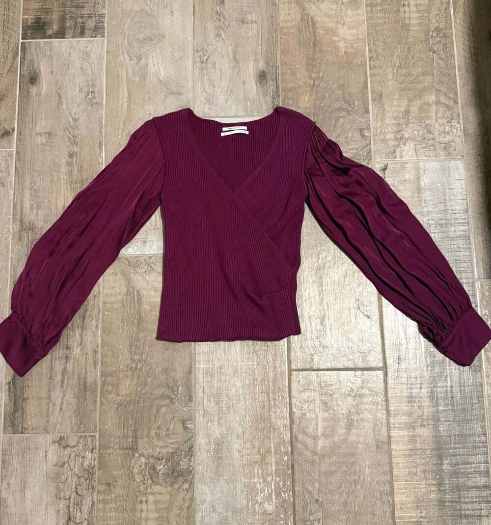 Anthropologie Purple Ribbed Knit Top with Satin Balloon Sleeves